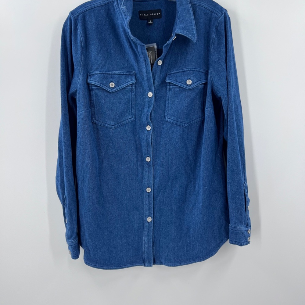 susan graver blue denim button-up shirt new small - Picture 2 of 7